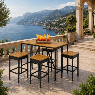 Outdoor Bar Set for Patio, 5-Piece Rattan Bistro Table & Stool Height Top Design, PE Wicker Patio Furniture Set with Cushions, Acacia Wood Table Foldable