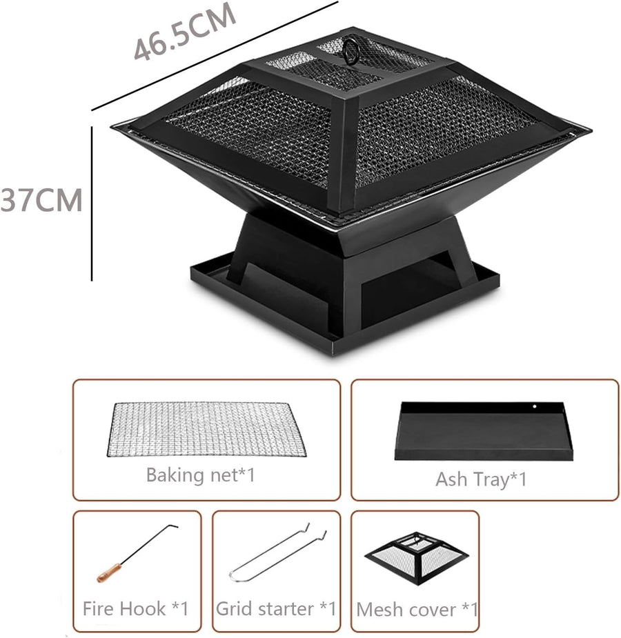 Portable Fire Pit for Outside, Seizeen Wood Burning Fire Pits 19'' Small Size, Square Firepit with Screen Cover, Fire Bowls with Ash Tray, Poker