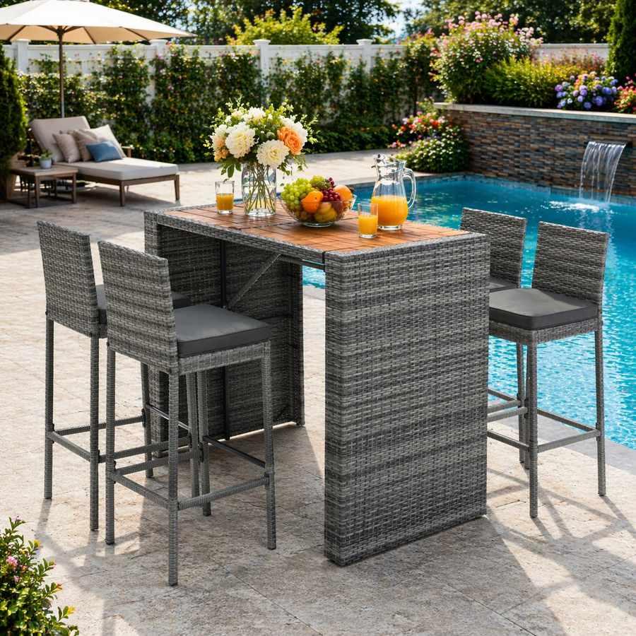 Outdoor Bar Dining Table Set, 5-Pcs Rattan Patio Bistro Sets, Counter Height Table & Cushioned Chairs with Backrest, Gray Wicker Patio Furniture Set for Backyard Porch Poolside