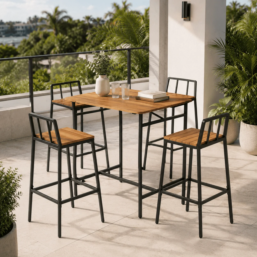 Seizeen Outdoor Table and Chairs, 5-Pcs Rattan Patio Bar Table Set with 4 Chairs, Counter Height Dining Bistro Set w/Wood Top, Footrest