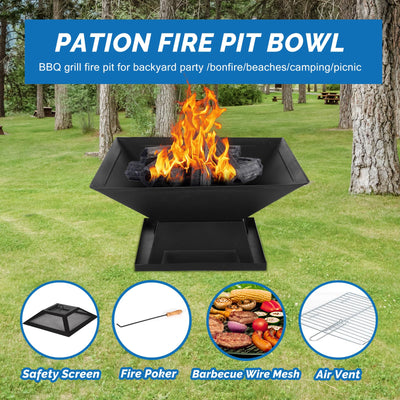 Outdoor Fire Pits Wood Burning, 18.3in Square Firepit with Star Pattern Mesh, Side Petal, Heavy-Duty Fire Pit w/ Stable Legs for Yard Patio Garden