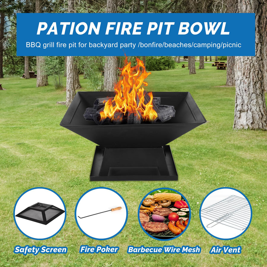 Outdoor Fire Pits Wood Burning, 18.3in Square Firepit with Star Pattern Mesh, Side Petal, Heavy-Duty Fire Pit w/ Stable Legs for Yard Patio Garden