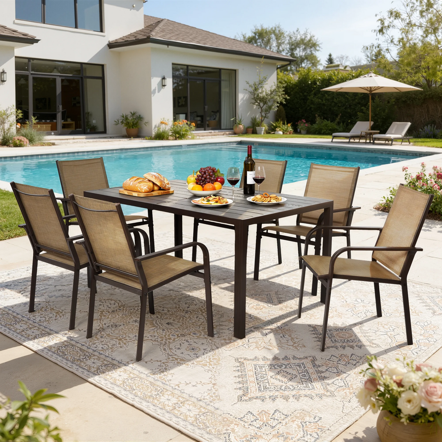 7-Piece Outdoor Dining Table Set, Patio Dining Table Set for 6, Patio Furniture Outdoor Table and Textilene Chairs, HDPE Tabletop, Reinforced Frame, Brown