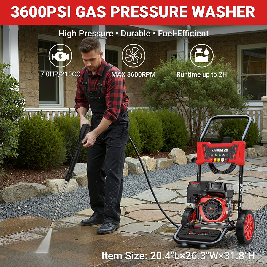 Seizeen 3600PSI Gas Powered Pressure Washer – 7HP Aluminum Pump, Built-In Foam Cannon, 4 Nozzles, 2.6GPM Flow Rate, 32.8FT Max Spray Distance