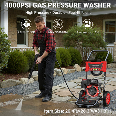 4000PSI Pressure Washer Gas Powered, 2.6GPM Power Washer Portable on Wheels, 210CC 4-Stroke Engine, Built-In Foam Cannon, Five Nozzles, 25 FT Hose, for Patio, Car, Driveway, Fence & Home Cleaning