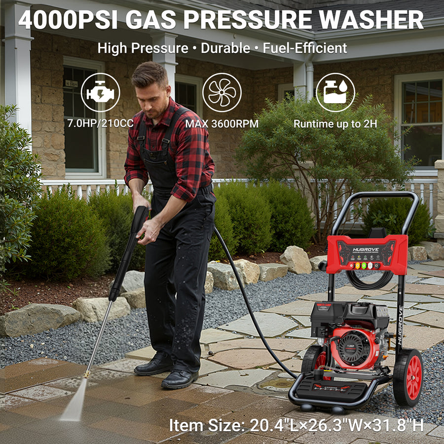 4000PSI Pressure Washer Gas Powered, 2.6GPM Power Washer Portable on Wheels, 210CC 4-Stroke Engine, Built-In Foam Cannon, Five Nozzles, 25 FT Hose, for Patio, Car, Driveway, Fence & Home Cleaning