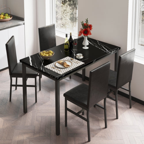 5 Piece Kitchen Dining Table and Chair Set, Dining Room Table Set with Faux Marble Table PU Leather Padded Chairs, Rectangle Dining Table Set for 4, Dinette Set for Kitchen Dining Room Small Space