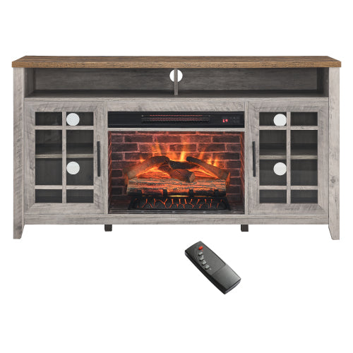 Fireplace TV Stands for Living Room, Multifunctional TV Console With 18'' Fireplace, Retro Entertainment Center for Bed, Multi-color 3D Flame, 62-82℉ Heating Only Mode, Timer