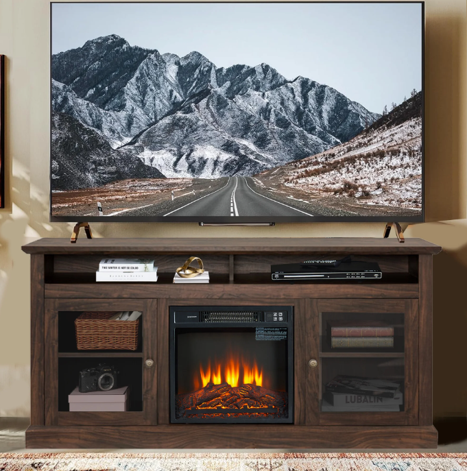 Seizeen Fireplace TV Stand with Storage, for TVs up to 65 Inches, Entertainment Center with Fireplace, Media Console Cabinet for Living Room, 60 Inch, Brown