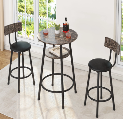 Height Bar Table Set with Faux Marble Top, Dining Set for 2, 3-Piece Kitchen Island Set with 2 Stools and 2-Tier Shelves, Pub Dinette Set for Small Spaces, Brown, L0329