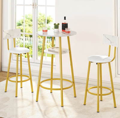 Bar Dining Set for 2 with High Top Table, 3-Piece Kitchen Island Set with 2 Stools and 2-Tier Shelves, Pub Dinette Set for Small Spaces, White, L0325