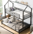 Metal Twin over Full Bunk Bed Frame for Kids, Teens, and Adults, With High Full Length Guardrail, Smooth Rounded Edges, No Box Spring Required, For Small Spaces, Black, DZ0821