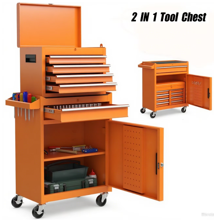 5-Drawer Tool Chest on Wheels, 2 In 1 Rolling Tool Storage Cabinet, Tool Organizer for Garage, Workshop, Warehouse & Repair Shop, Orange