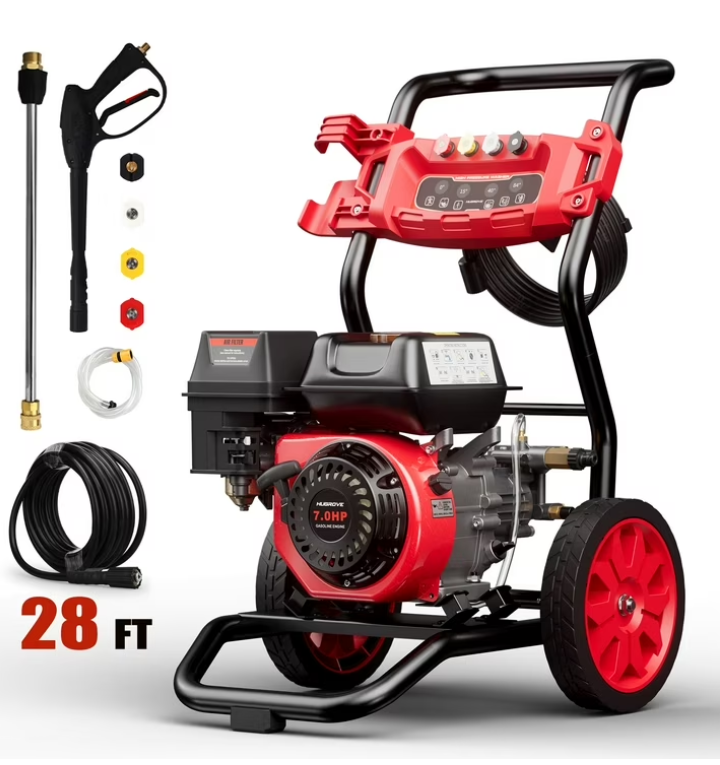 3500PSI Pressure Washer with 4 Nozzle, Portable Gas Pressure Washer for Patios, Cars, Fences, Driveways, 2.6GPM High-Power Washer with 28' High-Pressure Hose, Red & Black