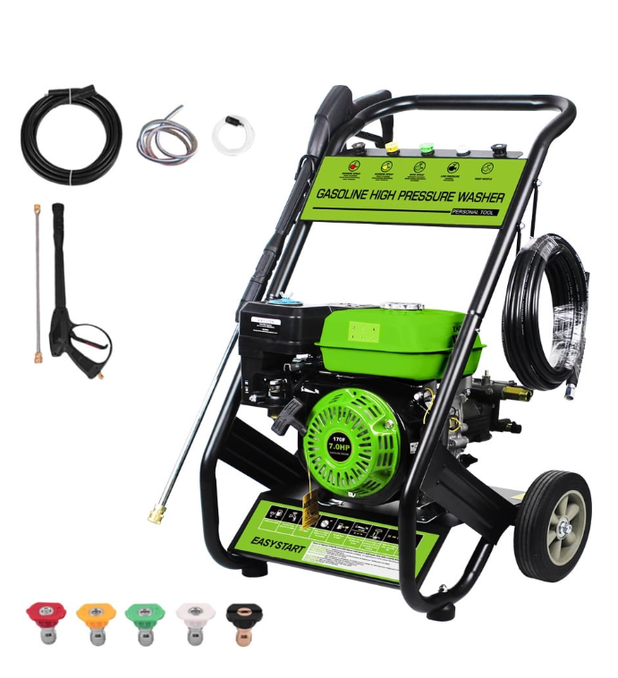 Yardmaster Gas Pressure Washer, 2600PSI 1.7GPM Power Washer for Patio& Garden, 4800W Pressure Washer with 25' High-Pressure Hose, 5 Nozzle, Soap Tank & Spray Gun, Black&Green