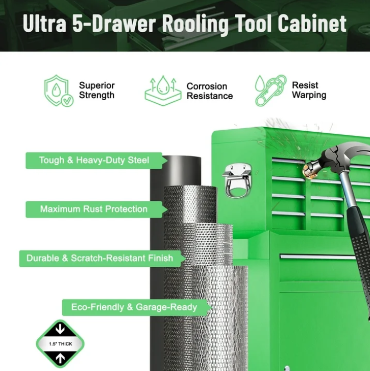 5-Drawer Tool Chest on Wheels, 2 In 1 Rolling Tool Storage Cabinet, Tool Organizer for Garage, Workshop, Warehouse & Repair Shop, Green