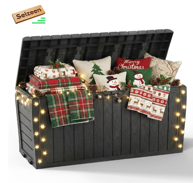 Seizeen Deck Box, 75 Gallon Resin Box on Wheels, Large Outdoor Storage Box, Outdoor Waterproof Storage Chest for Outside Furniture Cushions, Garden Tools, Black, D7226