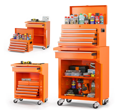 Tool Box, Seizeen Rolling Tool Chest, Stainless Steel Tool Box with Brake Wheels and 4 Drawers, Detachable Tool Cart, Orange