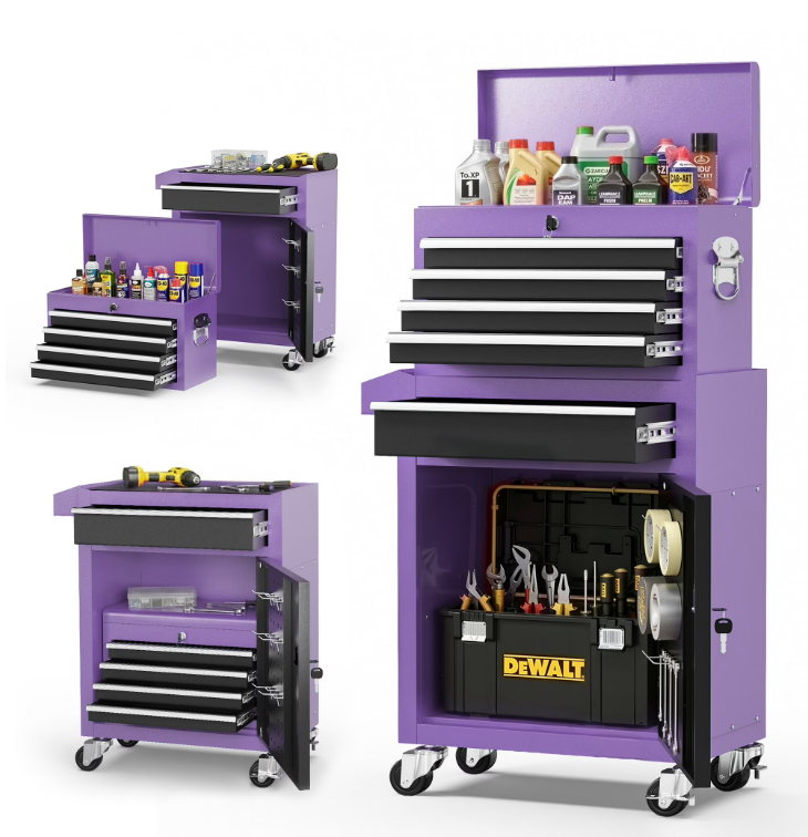 5-Drawer Tool Chest on Wheels, 2 In 1 Rolling Tool Storage Cabinet, Tool Organizer for Garage, Workshop, Warehouse & Repair Shop, Purple