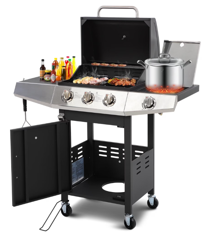 40000 BTU Gas Grill with Side Burner, Seizeen 3-Burner Stainless Steel Barbecue Grill for Outdoor BBQ, Camping and Outdoor Cooking Kitchen