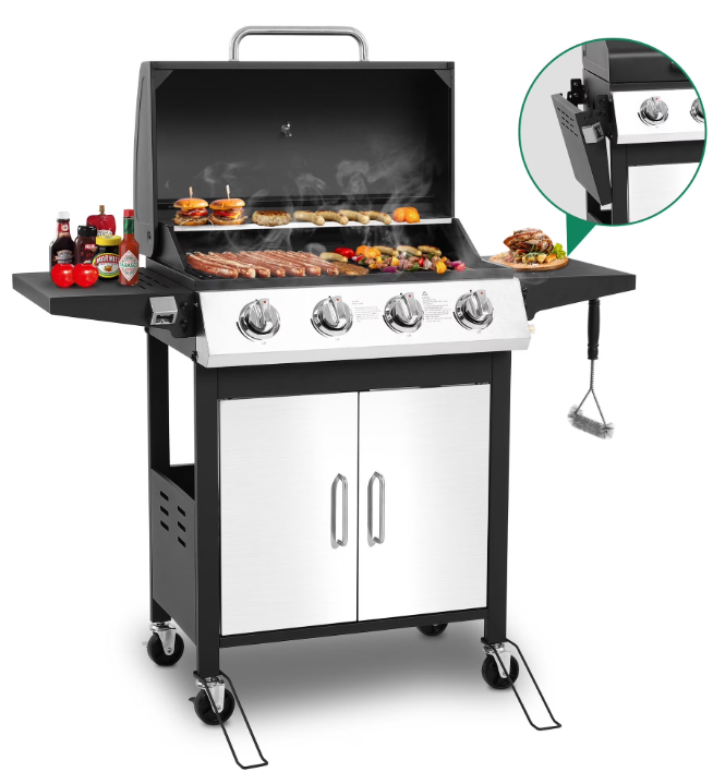 4-Burner Gas Grill with 4 Universal Wheels & Bottle Opener, 40000BTU Outdoor Grill with Side Table for Camping, Black & Sliver