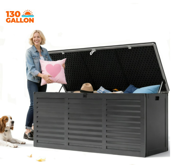 Seizeen 130 Gallon Outdoor Storage Box, Resin Deck Box, Waterproof Large Patio Lockable Deck Box for Outside Cushions, Pool Accessories, Throw Pillows, Garden Tools, Black