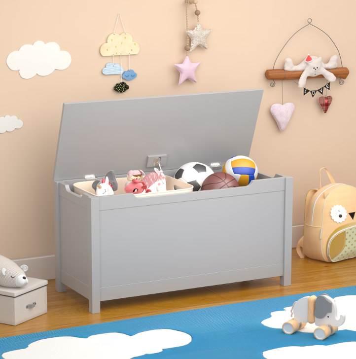 Kids Toy Box, Gray Wooden Toy Chest Organizer with Safety Hinged Lid, Entryway Storage Bench Supports 100 lbs, Toy Storage Chest for Bedroom, Toddler Room, L0293