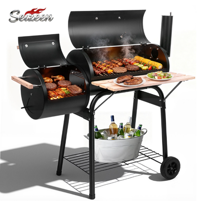 Seizeen Charcoal Grill with Thermometer & Large Cooking Space, Smoker Grill, BBQ Grills for Camping & Picnic, Iron, black