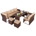 Eight-Piece Set Outdoor Rattan Dining Table And Chair Brown Wood Grain Rattan