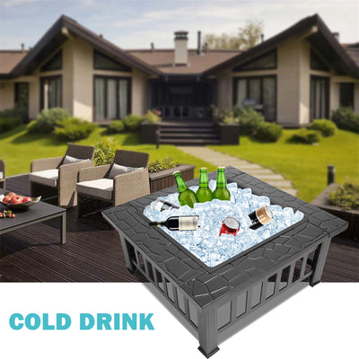 Metal Fire Pit for Outside, 32'' Stone Finish Fire Pit Table, Wood Burning Outdoor Firepit with Fire Bowl, Mesh Screen Lid, Poker