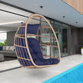 Outdoor Hanging Egg Chair, Wicker Foldable Egg Swing Chair with Khaki Cushions for Patio, Garden, Backyard, Rattan Portable Egg Chair