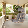 Outdoor Hanging Egg Chair, Wicker Foldable Egg Swing Chair with Khaki Cushions for Patio, Garden, Backyard, Rattan Portable Egg Chair