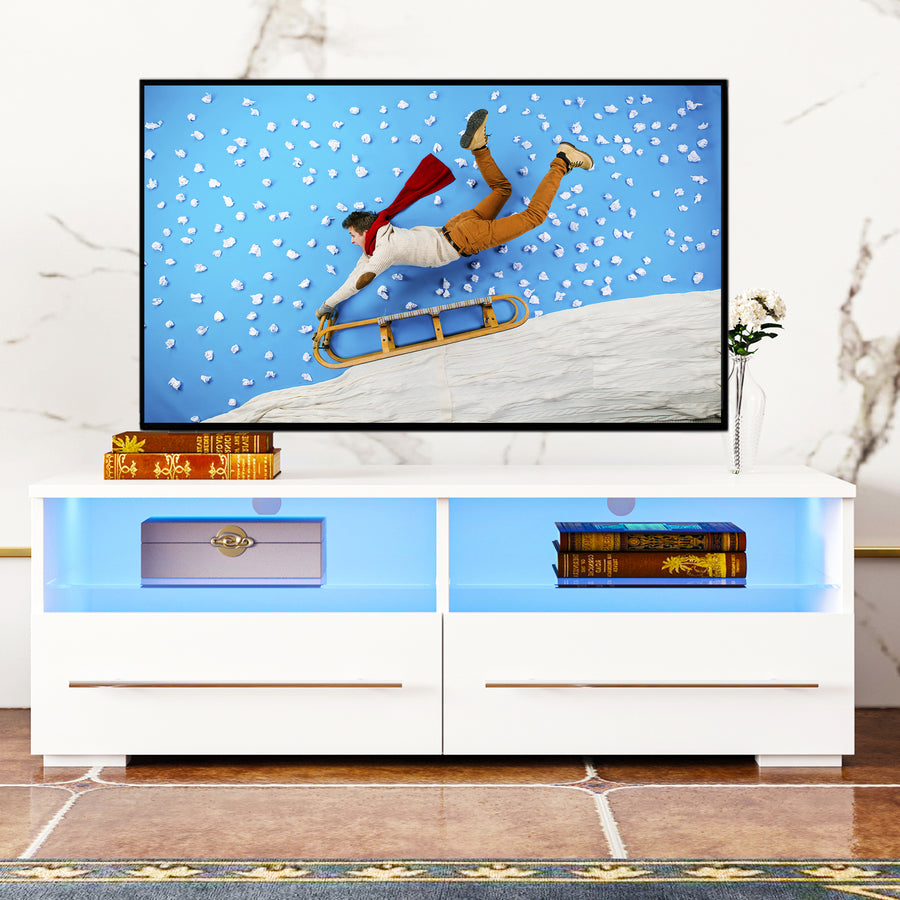 TV Stand Cabinet, Seizeen Entertainment Center with LED Lights, Wood TV Console Table with Large Storage Drawers and Shelves, Modern TV Stand for 45inch TV, White