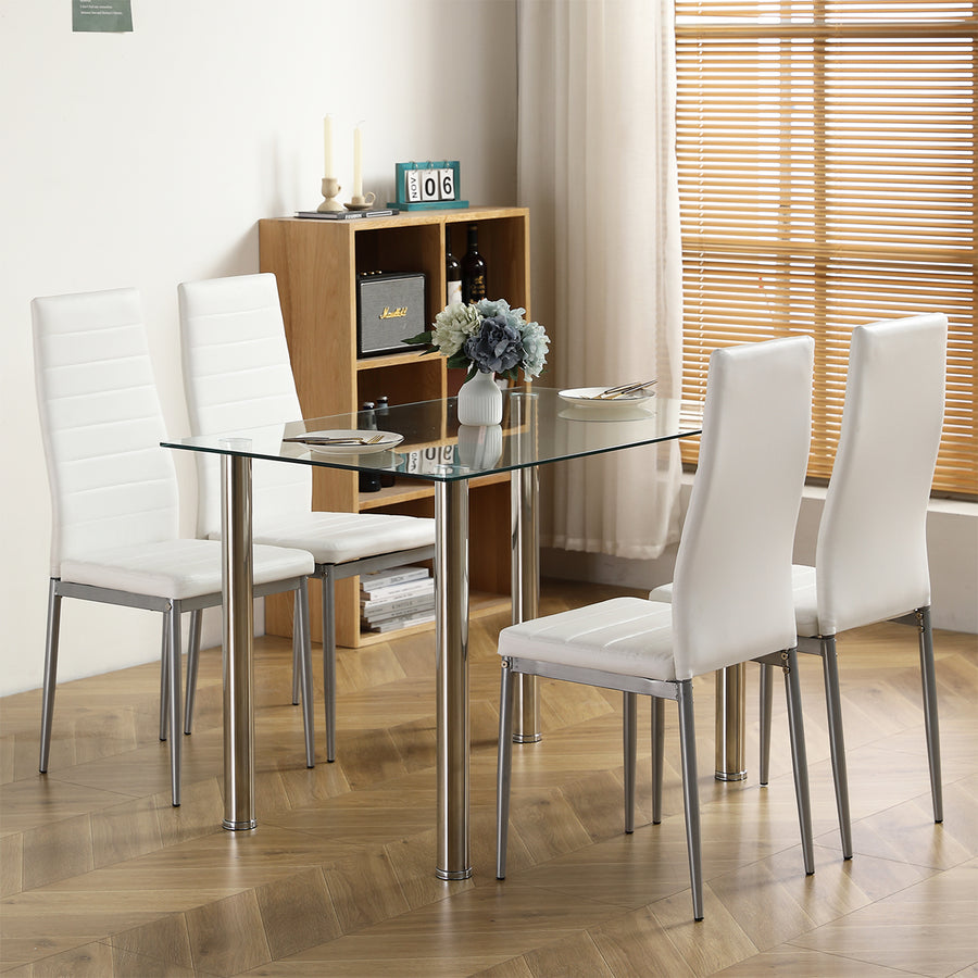 Dining Table Set for 4, Seizeen 5 Pieces Dining Room Set, Glass Dining Table with Leather Chairs, Small Space Breakfast Nook Set Bar Table for Kitchen, White