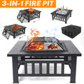 Multifunctional Fire Pit Table, Metal Fire Pit for Outside Stone Pattern, Wood Burning Outdoor Fireplace with Screen Lid/Poker/BBQ Net/Cover/Ice Bowl for Backyard Patio Garden, 32"