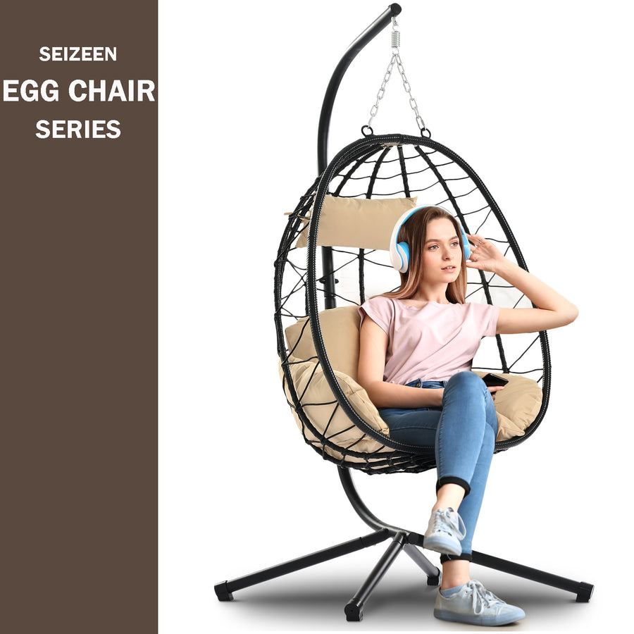 Seizeen Outdoor Egg Chair, Swing Chair with Stand, Steel Frame Hanging Chair Max 300Lbs with Cushions & Pillow Bedroom, Porch, Garden, Deck, Beige