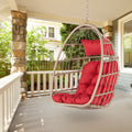 Outdoor Hanging Egg Chair, Wicker Foldable Egg Swing Chair with Khaki Cushions for Patio, Garden, Backyard, Rattan Portable Egg Chair