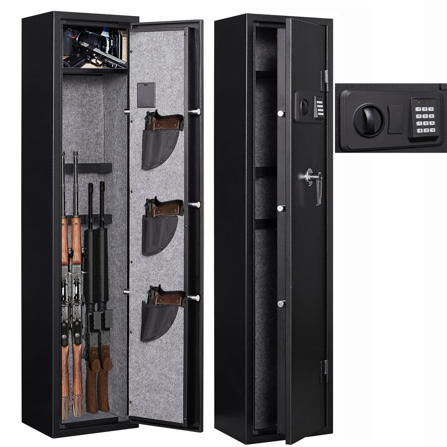 Gun Safe & Storage Cabinet, Seizeen Upgraded Quick Access Rifle Safe for 5 Rifles and 3 Pistols, All-Round Anti-Static Pistol Safe with Shelf, Digital Keypad, Alarm System, LED Light