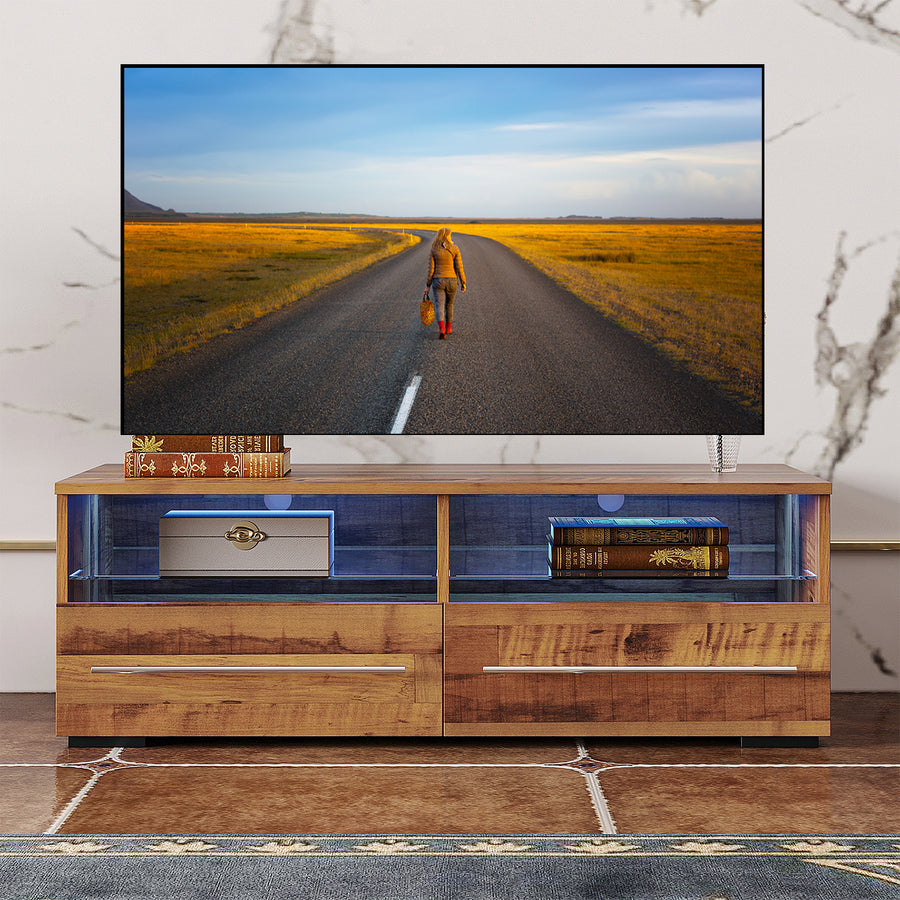 TV Stand Cabinet, Seizeen Entertainment Center with LED Lights, Wood TV Console Table with Large Storage Drawers and Shelves, Modern TV Stand for 45inch TV, Light Walnut