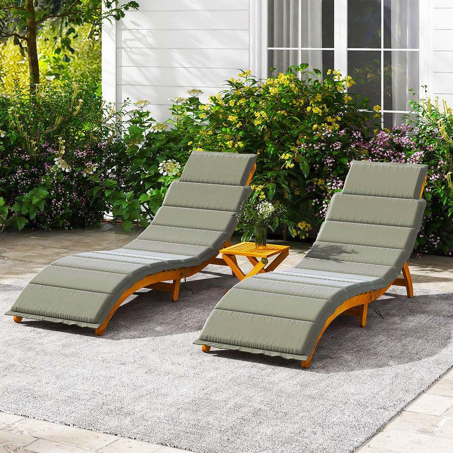 Seizeen Outdoor Chaise Lounge Set, 3 Pieces Chaise Lounge Chairs with Table Foldable, Poolside Beach Patio Sun Lounger Set with Handle, Brown Wood Lounger & Dark Green Cushion