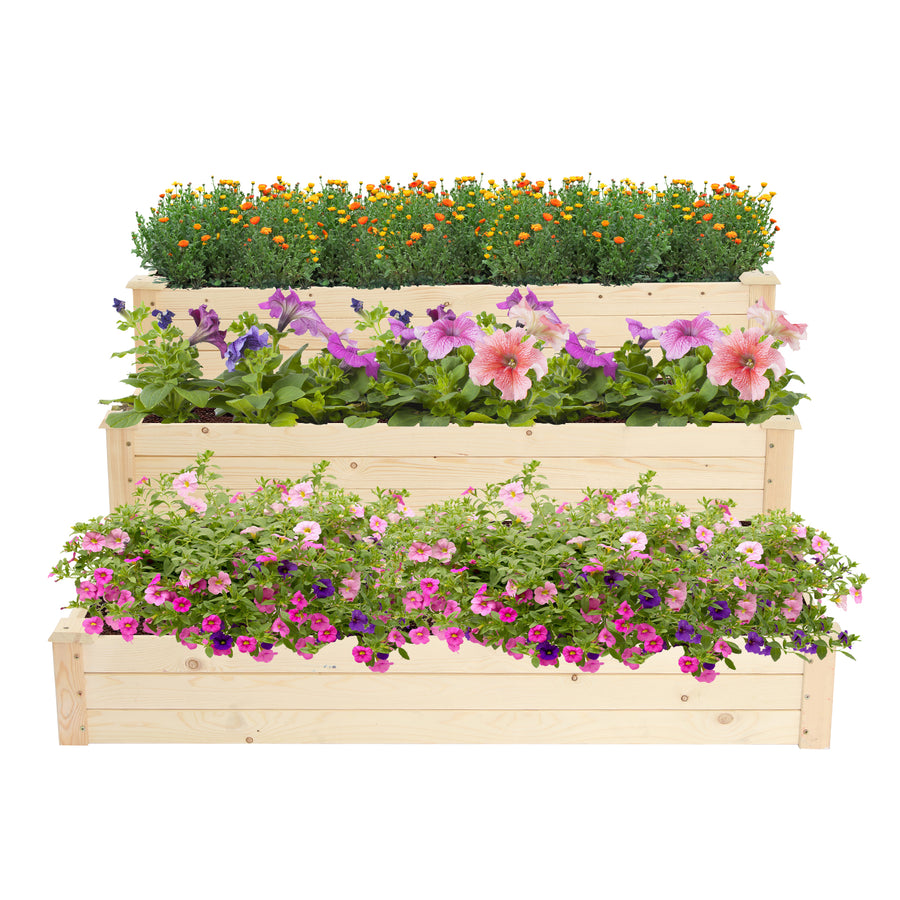 Seizeen Outdoor Wooden Raised, 3-Tier Wood Garden Bed, Durable Planter Box Stand for Vegetables Flowers, Natural