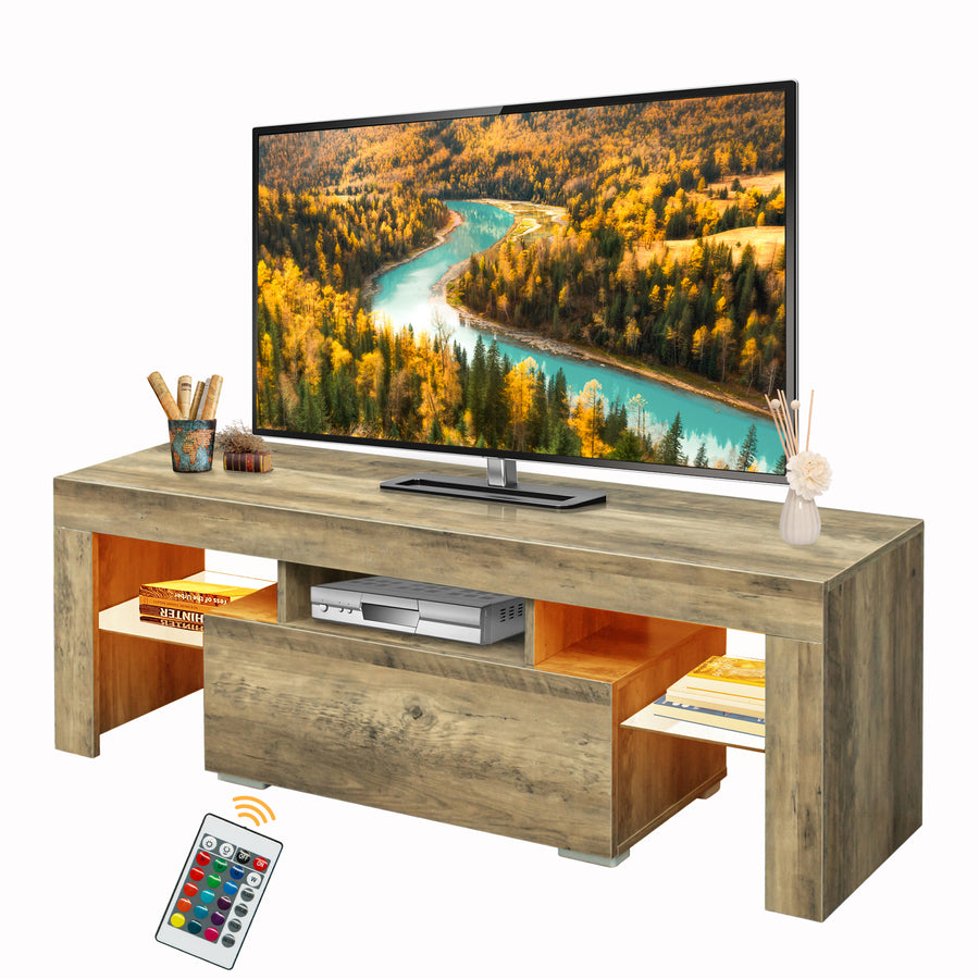 Media TV Console & TV Stand, Modern Entertainment Center with LED Lights, Media Console for Living/Gaming Room/Bedroom, 3 Storage Shelves & 1 Drawer, Wood