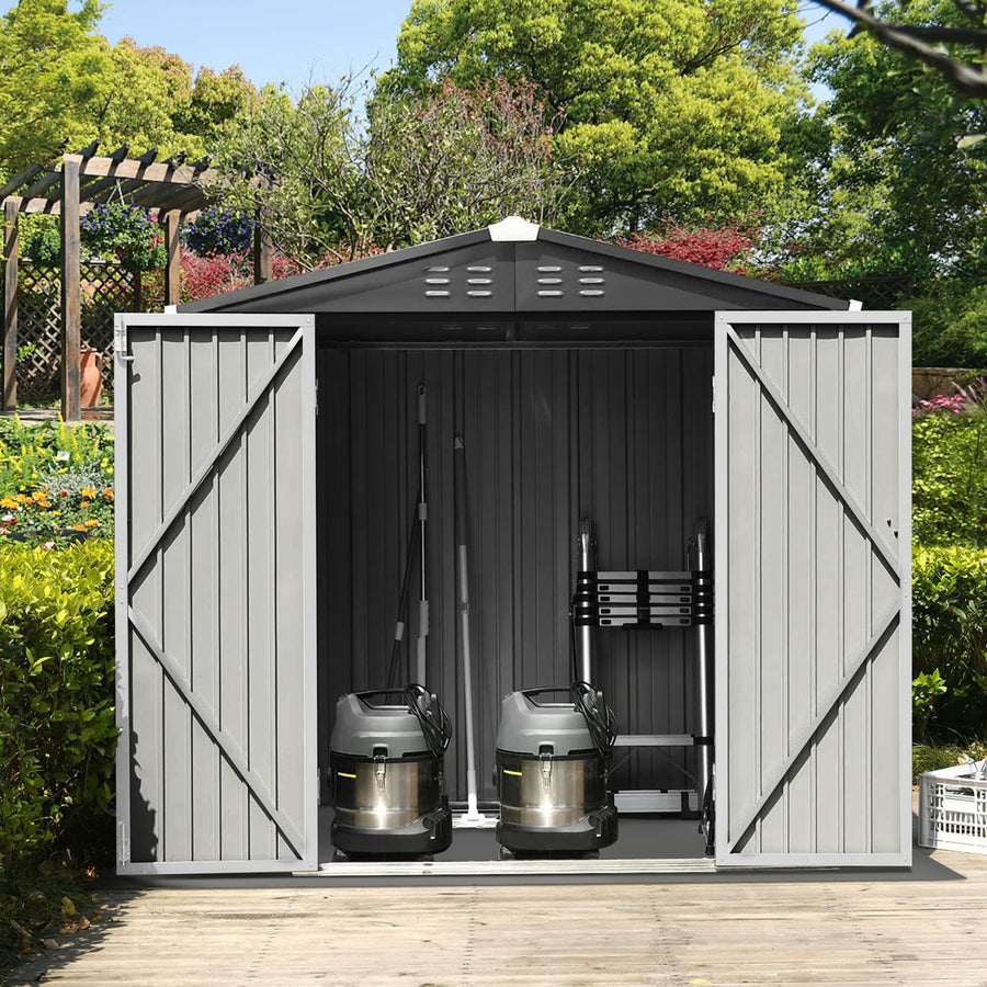 Outdoor Storage Shed 6 x 4Ft, Thickened Steel Patio Storage Shed with Base Frame, All-Weather Garden Tool Shed for Outdoor Backyard Patio, Gray Sloped Top