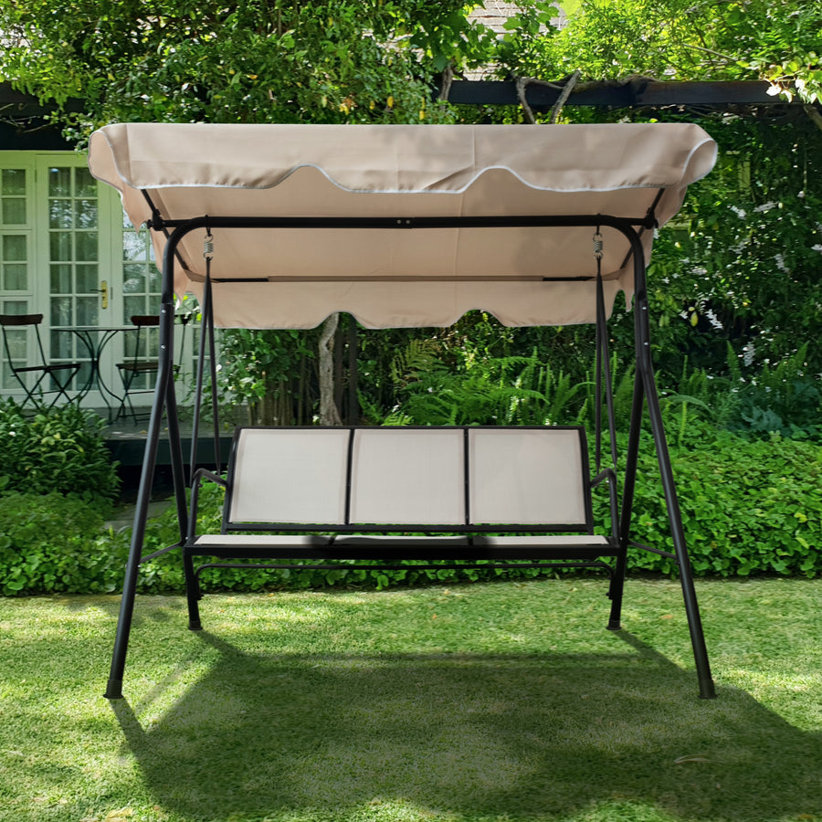 Seizeen Outdoor Swing With Canopy, 3-Person Porch Swing With Stand for Patio Backyard, All-weather Adjustable Canopy Swing Chair, High Strength Spring Hook for Max Load 440LBS, Beige