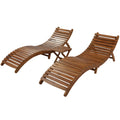 3 Pieces Outdoor Chaise Lounge Set, Wood Patio Furniture Set Extended, 2 Foldable Chaise Lounge Chair with 1 Table, Sun Lounger for Poolside Beach Patio, Brown Lounger + Gray Cushion