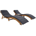 3 Pieces Outdoor Chaise Lounge Set, Wood Patio Furniture Set Extended, 2 Foldable Chaise Lounge Chair with 1 Table, Sun Lounger for Poolside Beach Patio, Brown Lounger + Gray Cushion