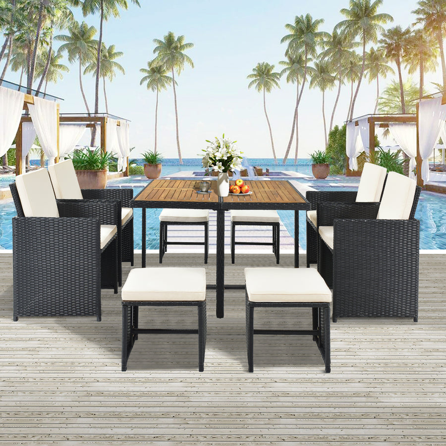 Seizeen 9 pcs Patio Table & Chairs, PE Rattan Outdoor Patio Dining Set with Wood Tabletop, Hidden Large Dining Set with 8 Seats for Garden Backyard Deck Poolside, Black Rattan+Beige Cushion