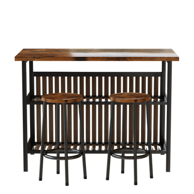 Counter Height Bar Table Set, Seizeen 3 Piece Dining Table Set with 2 Stools and 2-tier Shelves, Kitchen Island Breakfast Table Set with Wood Top, Pub Dinette Set for Small Spaces, Brown, A08