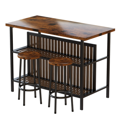Counter Height Bar Table Set, Seizeen 3 Piece Dining Table Set with 2 Stools and 2-tier Shelves, Kitchen Island Breakfast Table Set with Wood Top, Pub Dinette Set for Small Spaces, Brown, A08