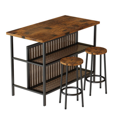 Counter Height Bar Table Set, Seizeen 3 Piece Dining Table Set with 2 Stools and 2-tier Shelves, Kitchen Island Breakfast Table Set with Wood Top, Pub Dinette Set for Small Spaces, Brown, A08